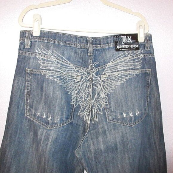 Y2K Brooklyn Express Baggy Jeans Size 38x32 Embroidered Eagle Biker Rock Grunge - Picture 2 of 12